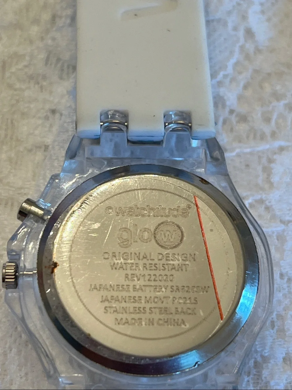 GLO Clear Case Watch with White and blue shark Strap and Silver Back